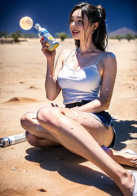 (((口を大きく開けて Im sticking out my tongue))), (((Aerial photography))), (((The desert in the background is reminiscent of Mad Max.))) , (((night))), (((Starry sky and moon))),A boldly composed photograph of a Japanese woman that looks like it was taken by a fa...