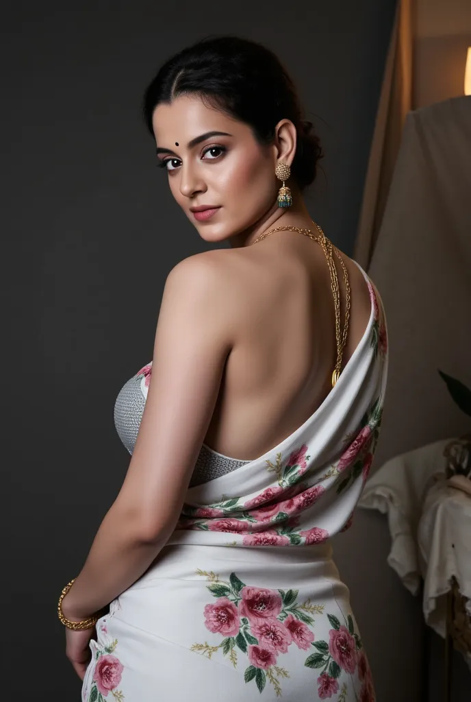 a beautiful woman in a saree, bare back, topless, detailed portrait, highly detailed face, detailed eyes, realistic, photorealis...