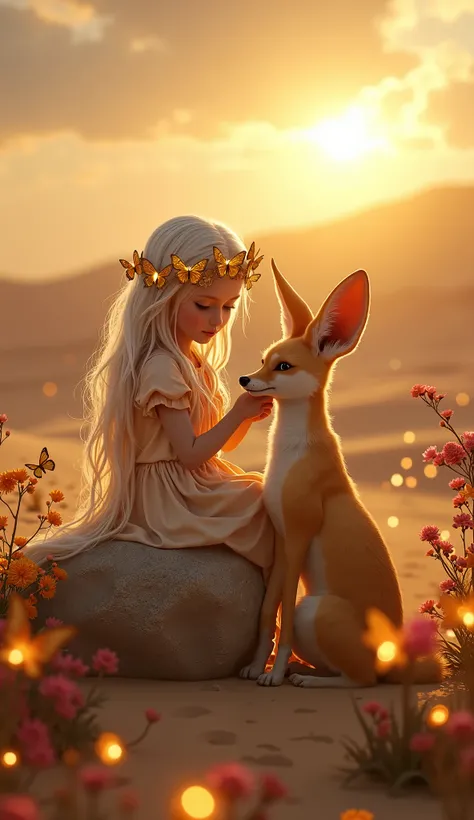 Desert Mirage with a Fennec Fox (Hyper-Realistic)
"A hyper-realistic 64K HD fantasy scene featuring a young girl with long, flowing white hair wearing a crown of glowing golden butterflies. She is gently interacting with a lifelike fennec fox with large ea...