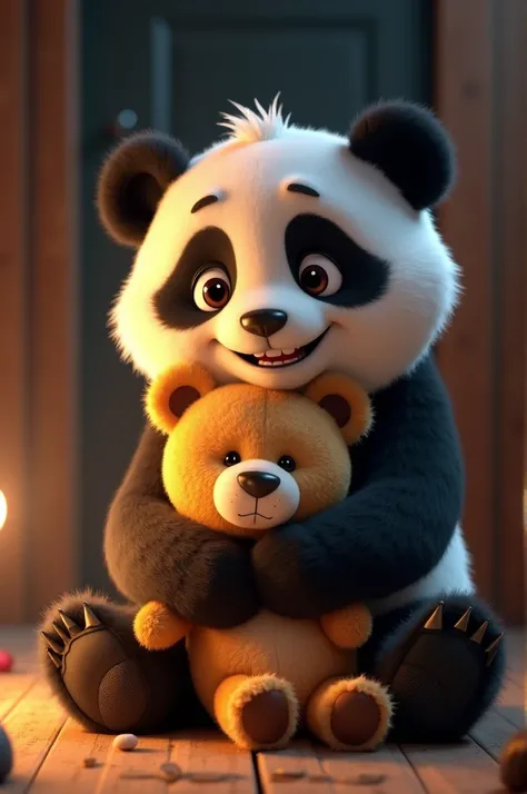 A close-up of the cartoonish panda sitting in the attic, hugging his old, worn teddy bear tightly with a joyful, relieved expression. His eyes are slightly teary, and his mouth forms a small, happy smile as he holds his precious toy. The soft lighting from...