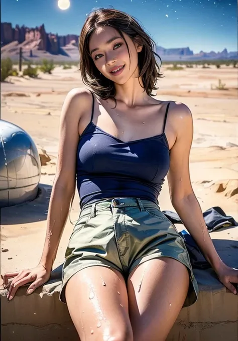 (((口を大きく開けて Im sticking out my tongue))), (((Aerial photography))), (((The desert in the background is reminiscent of Mad Max.))) , (((night))), (((Starry sky and moon))),A boldly composed photograph of a Japanese woman that looks like it was taken by a fa...