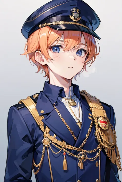 1boy, standing portrait, Central Focus, Centered, Fully in-frame, Solo, Standing still, zoomed out, dog tag necklace

Gender: Male

Appearance: navy captain with short peach hair and captains cap wearing a navy blue military admiral clothing with medals an...