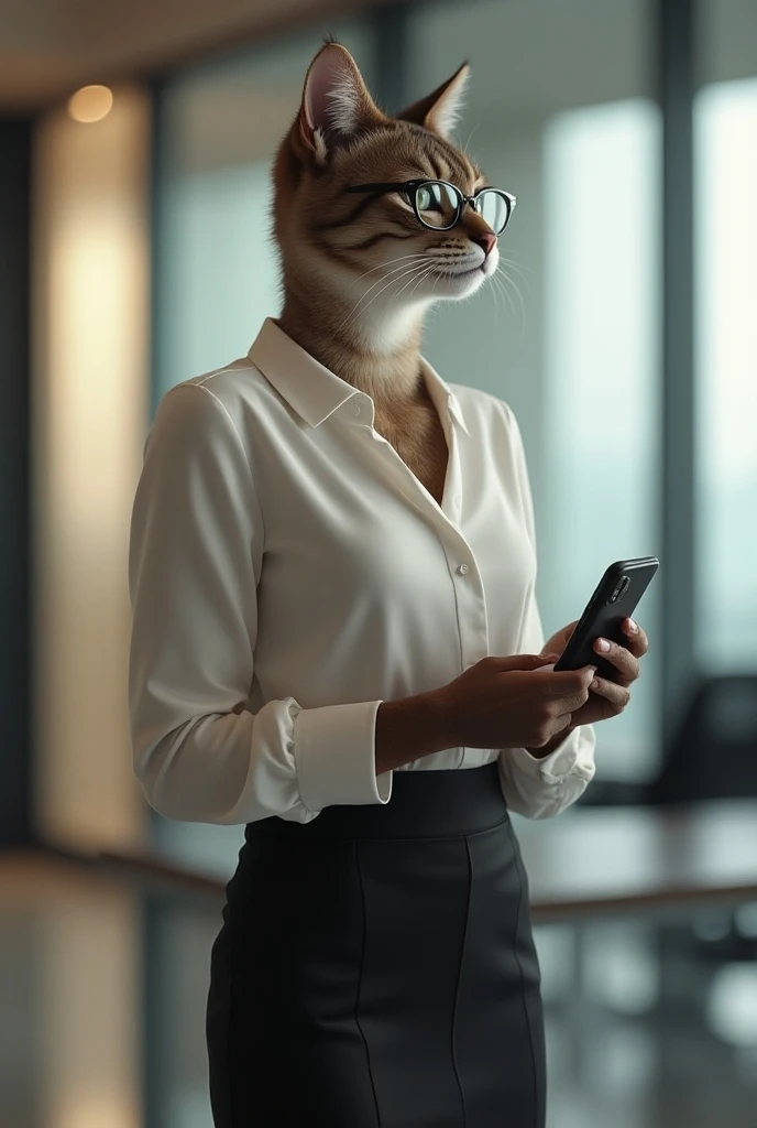 A cat with the features of a woman, dressed in a stylish blouse and pencil skirt, stands confidently in an office, holding a smartphone in one paw while reviewing documents with the other. Her sleek fur is perfectly groomed, and she wears chic glasses, exu...