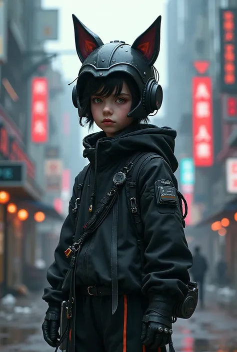 Teenager boy in black iron helmet accented with tiny fox ears and cyberpunk-themed black baggy outfit 