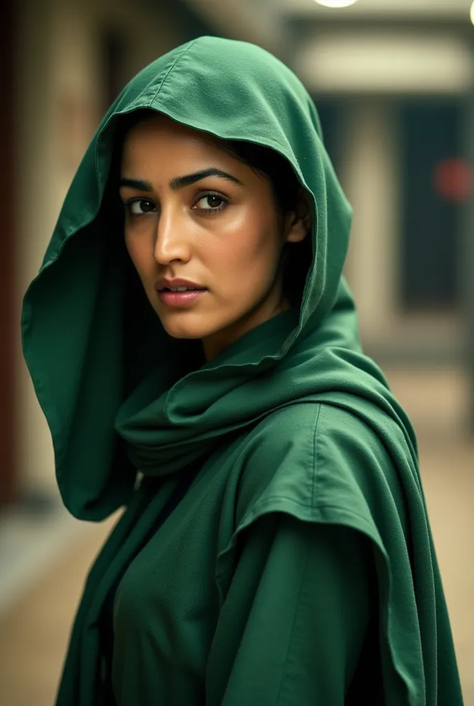 cinematic soft lighting illuminates a stunningly detailed and ultra-realistic a close up of yamig in a green outfit with a hood ...