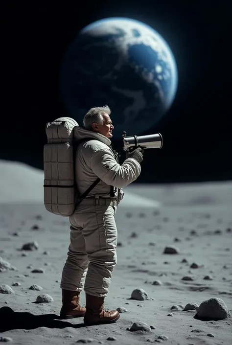 A picture of a man holding a telescope looking at the Earth from the moon
