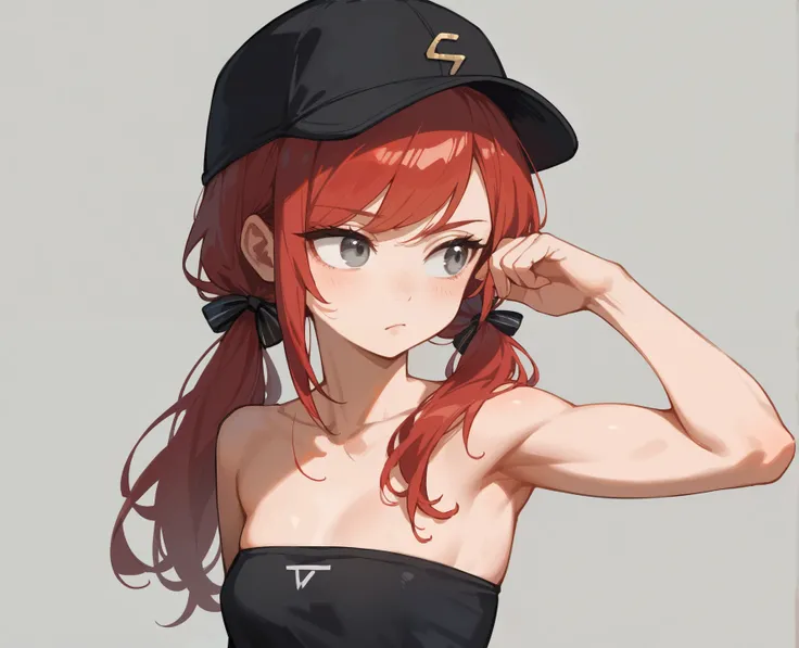 (masterpiece, best quality), 1girl, stoic, looking to the side, beautiful face, upper body, toned arms, Gray eyes, red hair, swept bangs, low twin tails, hair ribbons, strapless black shirt, black baseball cap, thin, petite, small breasts, 