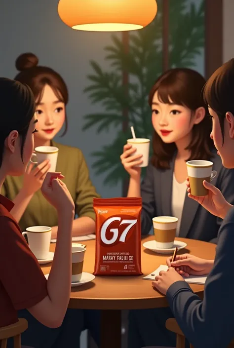 Vietnamese G7 instant coffee is on the table, there are people around with cups of coffee and one person holding a small piece of paper