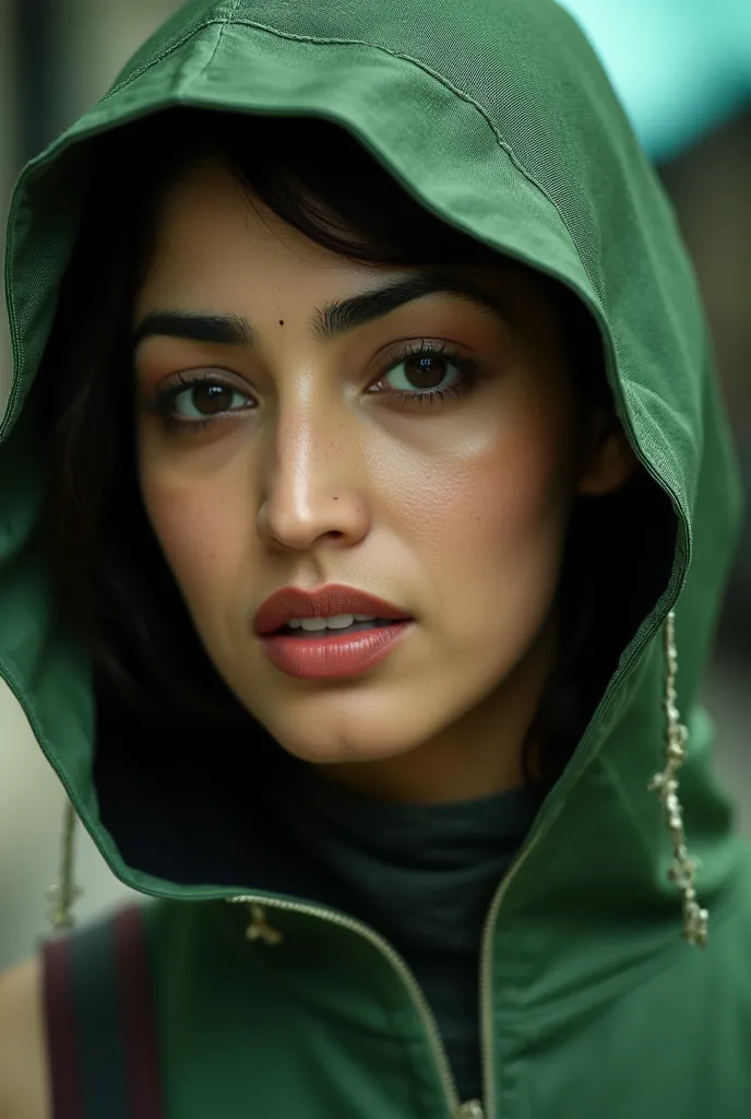 cinematic soft lighting illuminates a stunningly detailed and ultra-realistic a close up of yamig in a green outfit with a hood ...