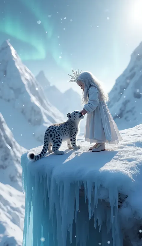 Snowy Mountain with a Snow Leopard (Cinematic)
"A cinematic 3D render featuring a young girl with white hair and a glowing crown of silver butterflies. She is playing with a majestic snow leopard cub perched on a frosty, crystal-clear ice ledge. The backgr...