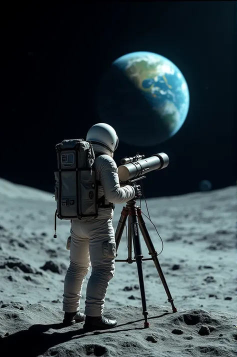 A picture of a man holding a telescope looking at the Earth from the moon. The angle of photography is from the back
