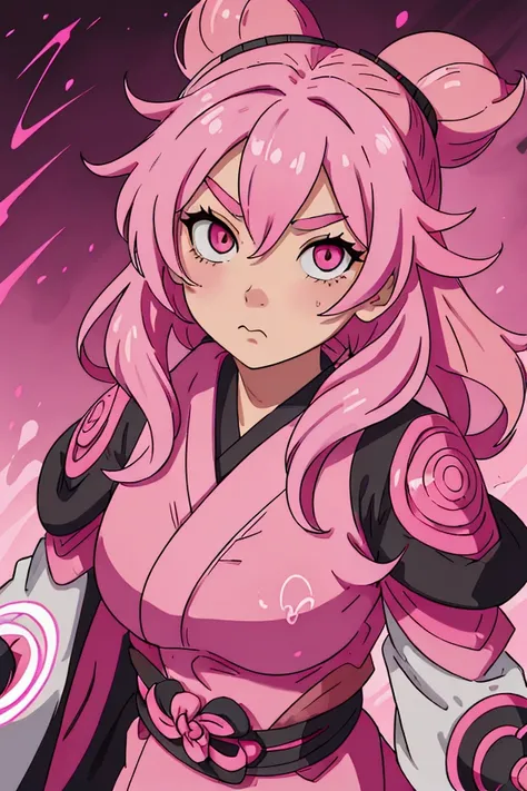  draw a female character , pink haired,  with black and pink kimono , sheathing a bat .  look serious and fearless .  make details of kinetic energy in the color pink. warrior. 