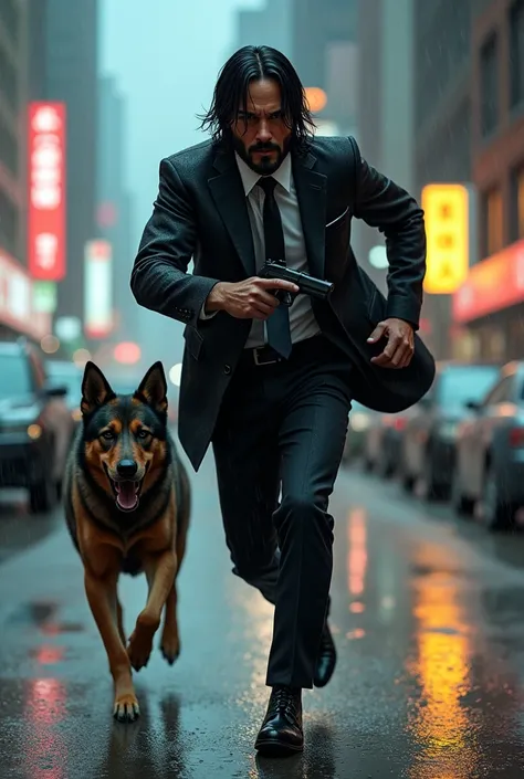 John wick running in New York while its raining with his dog holding a 1911 in his hands