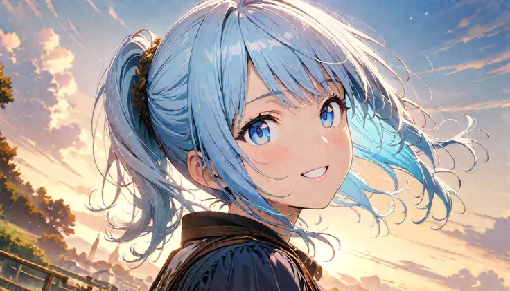 (masterpiece, Highest quality, Official Art:1.2), Looking at the audience, One Girl, alone, (light blue hair, ponytail) and (light blue eyes),, Sky Background, spreading clouds, Ultra-fine illustrations, highly detailed, Dynamic Angle, beautiful detailed, ...