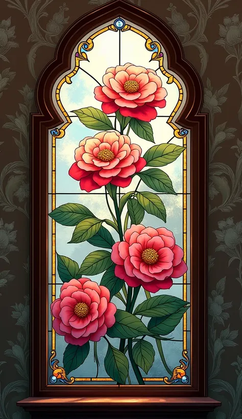 Stained glass style window frame, Stained Glass Style, Multiple camellia flowers, wallpaper, illustration, Highest image quality, high quality, masterpiece, amazing quality