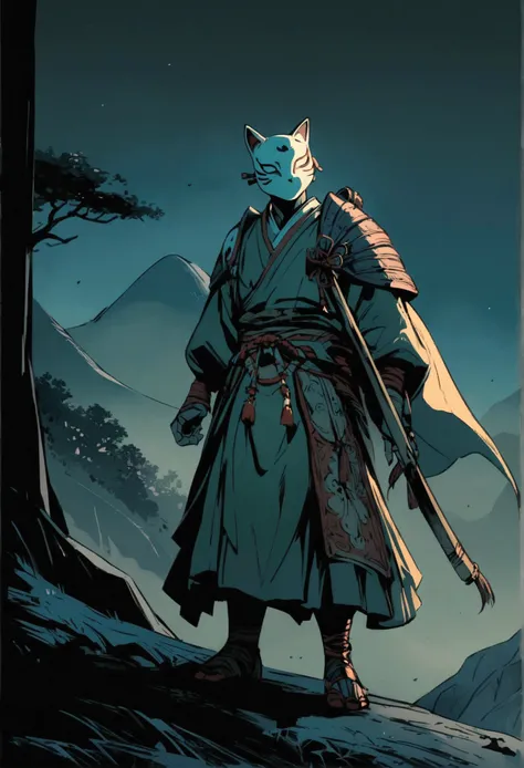 
A samurai boy standing on a hillside at night, cat mask on forehead, detailed facial features, dramatic lighting, cinematic composition, moody colors, fantasy landscape, intricate details, high resolution, concept art style

