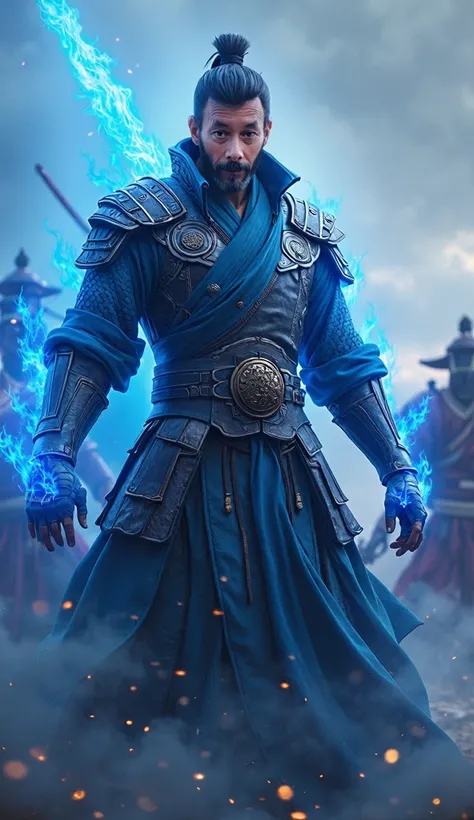 Hyper realistic photography in Ultra HD 16K full body from head to toe First person view from the front of the character, a warrior from feudal China with magical powers, he is advancing directly towards the camera in dynamic action of walking towards the ...