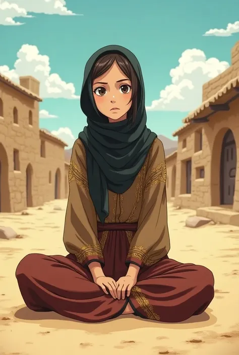 "An Afghan woman in traditional Afghan attire and a hijab, depicted in an anime style. The background is during the Soviet Union invasion of Afghanistan, set in a desert village. Her expression is fearful, and she is sitting on the floor. The perspective i...