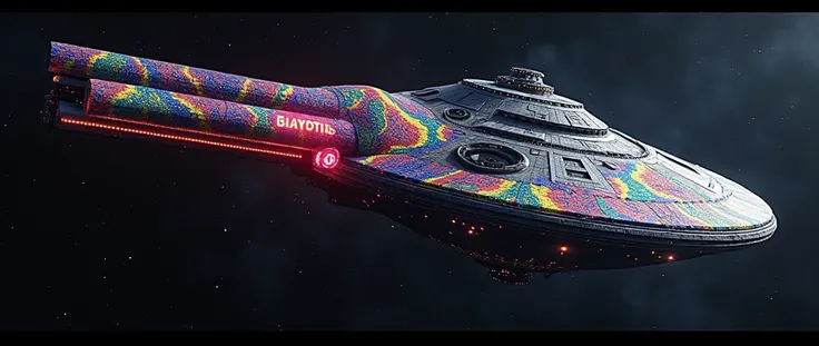 Death star with giant futuristic rifle barrel at the barrel, covered in rainbow batik pattern and glowing rainbow rune symbols