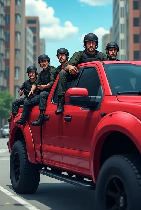 A modern pickup truck , red, and all-terrain ,  gathered a person driving together his tactical vest and helmet ,  and together 5 armed men sitting in the box part of the van,  with bulletproof vest and tactical helmets ,  and walkie talkies placed in bull...