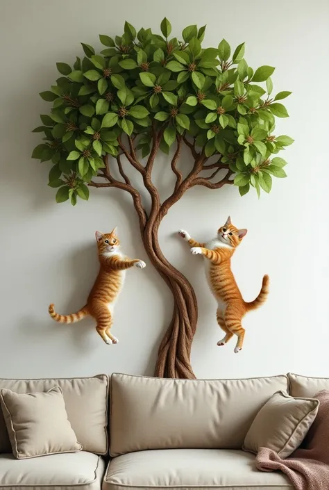 Two cats are playing in a (((  scraper that pretends to be a tree with branches and leaves ))).  The scraper is on the wall of a living room and under the branches of the scraper there is a sofa 