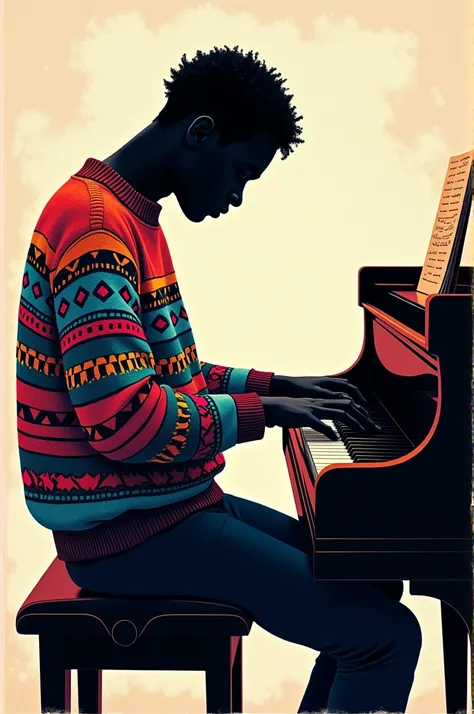 Draw a silhouette-style drawing of someone playing the piano in the colors of a Coogi sweater 