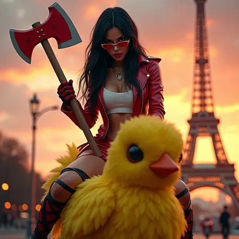 Sexy woman wearing a white and red skirt and glasses with extra long black hair holding a red axe riding a yellow chick on the street next to the Efiel tower with the sunset in the background Very detailed,  Textured leather,