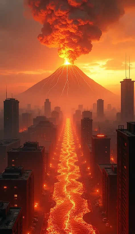 The city is engulfed in flames. In the background is an erupting volcano. The column of smoke and fire is 900 meters high from the volcano. Lava flows on the streets of the city.