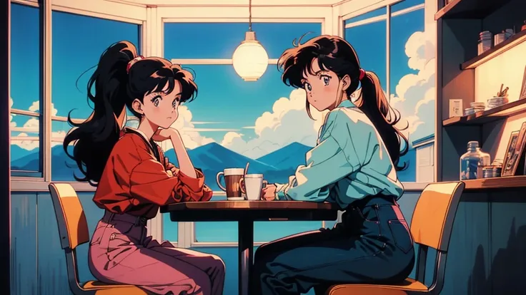 80s anime style, Retro Anime Girls, 1980s anime style, Retro anime images, Anime atmosphere, beautiful art in 1990s anime style, classic anime, coffee shop at night, black hair, ponytail