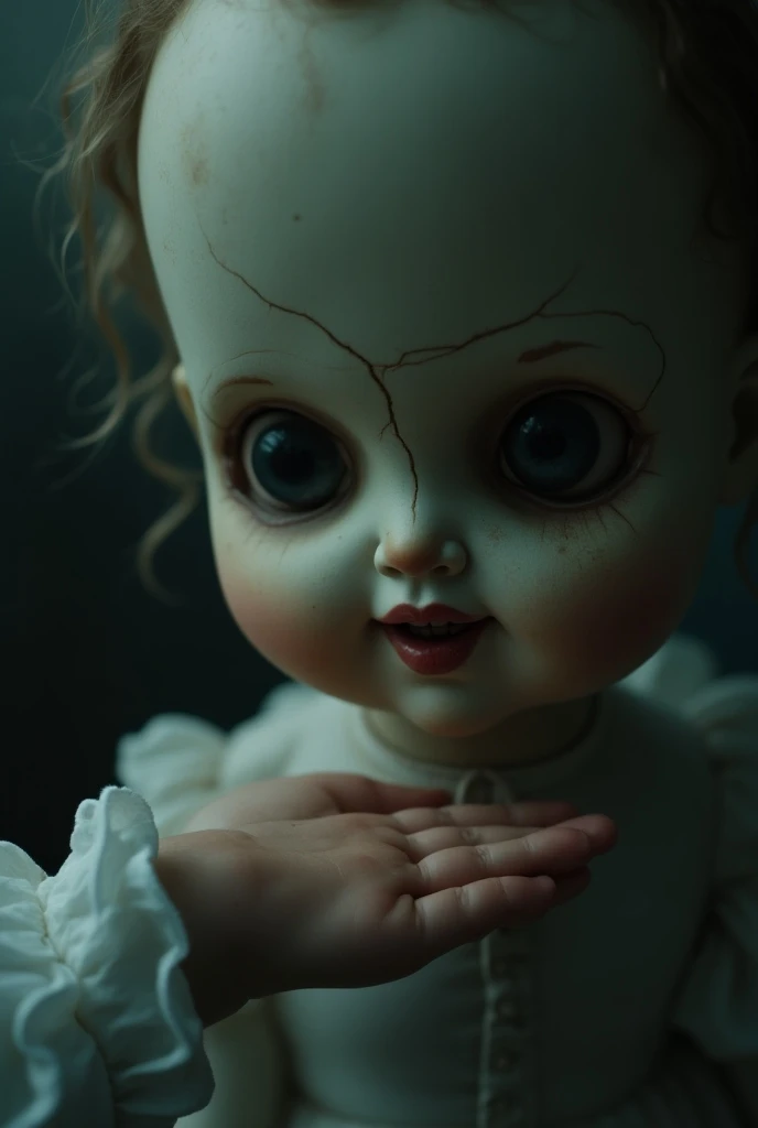 Close-up of a dusty doll on a pedestal. Its face is porcelain, with a cracked smile and large, glassy eyes. As  girlss hand hovers near the doll, the camera zooms in on the doll’s face. The eyes suddenly blink, and its painted lips curl into a faint smile....