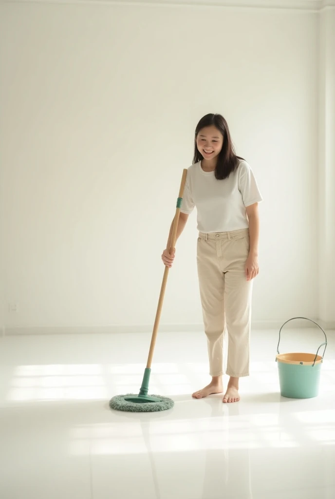 realistic, no yapping, a happy Korean age 30, height 1.75 centimeters. simple light color wear, bare feet in a living room, light lights, mopping the shinning white floor, has mop bucket, circle shape mop, no carpet, large room, white floor