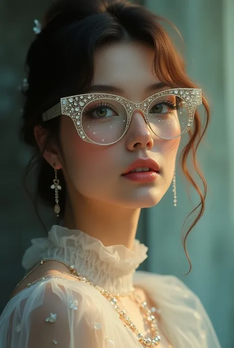 The model wears glass sunglasses,  glasses with stars and moon 