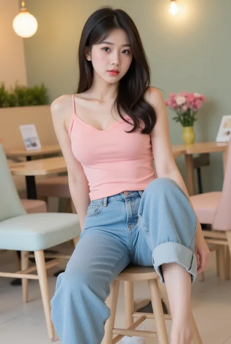 A full-body photorealistic portrait of a cute model with a pouty expression, wearing a pink spaghetti strap top and casual jeans, sitting comfortably in a cozy, Korean-style cafe. Her pose is relaxed yet playful, with one leg crossed over the other. The ca...