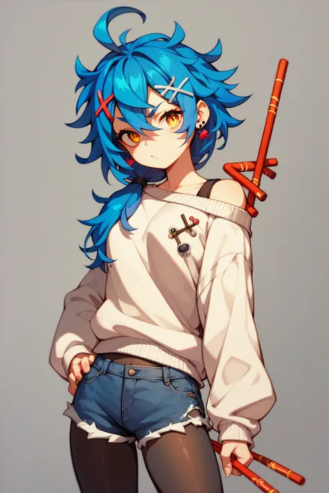 High image quality
 1 girl ,  Golden Eyes ,   Blue Hair、 shortcuts where the tips of the hair splash outward,   low ponytail in tights、  Earrings for One Woman ,  Ahoge,   asymmetrical bang ,  x-shaped hair ornament,  A sweater that sticks out the left sho...