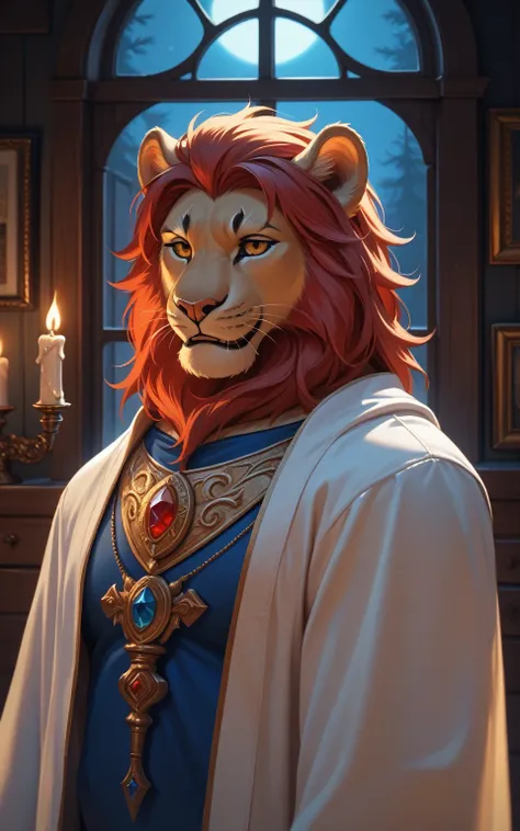 (( best quality)), ((masterpiece)), ( detailed),  upper body,Perfect face,solitary,Wildlife,night,fantasy,window,Candle,breeze,Beige fur , black stripes,  anthropomorphic lion ,Beige fur 狮子,Red Hair,white mage robe, MUSCLE , golden eyes,magic,wooden magic ...