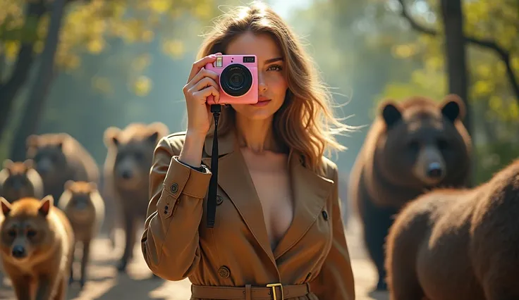  A girl growing up like a movie star Kate Winslet ，Wearing a brown-colored trench coat， big breasts ， is taking pictures at the zoo with a pink Polaroid camera， There are monkeys in the zoo ，Wild Boar，Bear， Vivid animals ，Lively scene ，Bright day， A sudden...