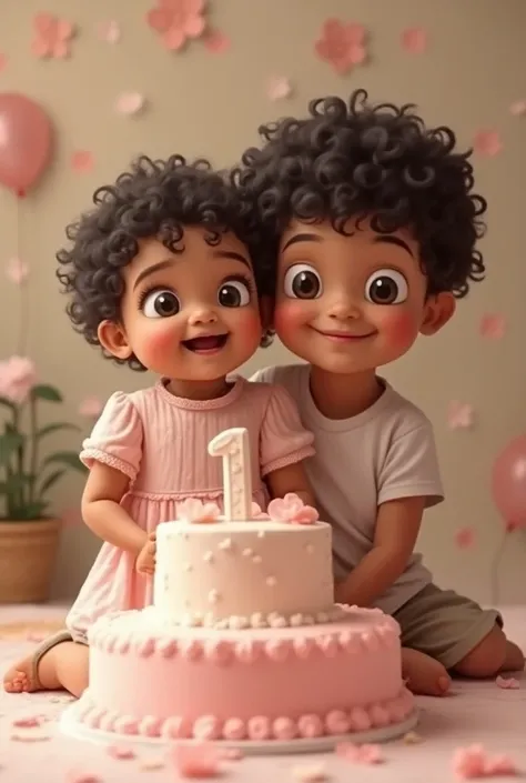 Curly black hair baby girl 1st birthday, pink dress, with her brother, curly Black hair baddy,