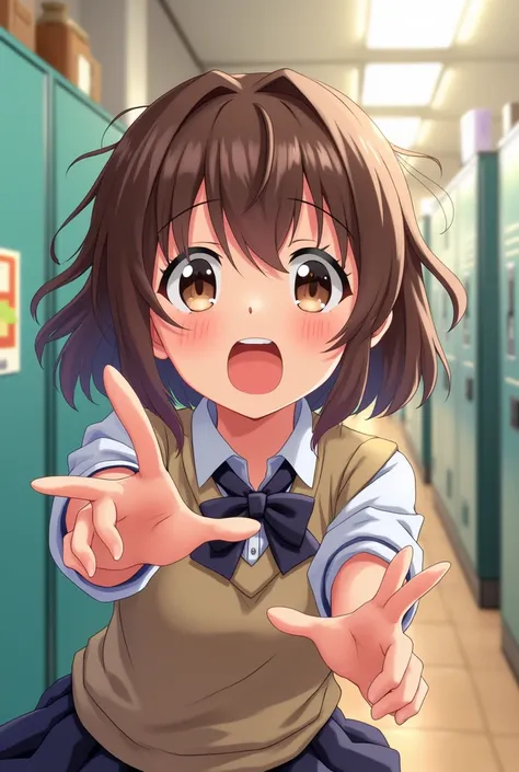  a girl,  Open mouth,  short hair,  Brown Hair ,  anime style, posing,In a school 