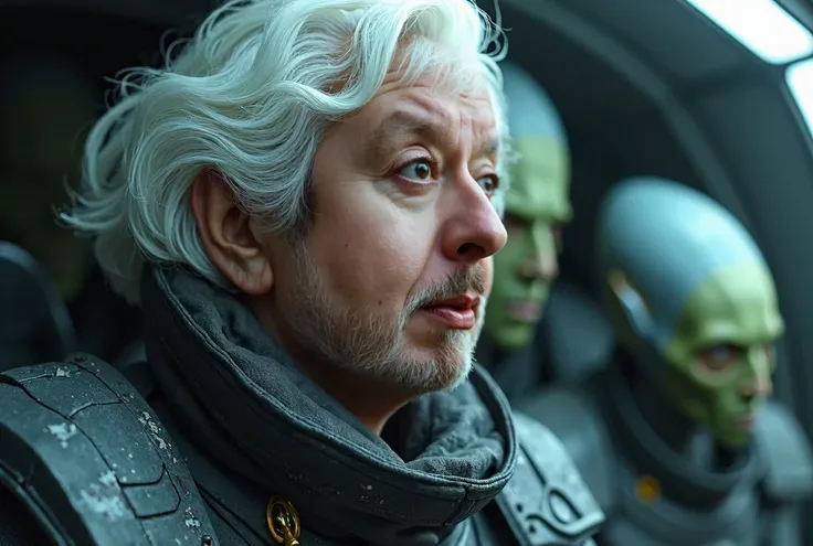 Reference character Close Up ,  white hair ,  is in a spaceship surrounded by aliens 