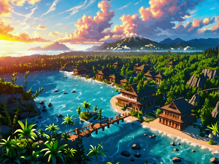 vibrant anime style top view of tahiti islands and its shores, beautiful vivid sunset, show tahitian resort cottages connected with over water bridges, lush green scenery and volcanic mountainside, 4k, hyper detailed, lush colors, warm positive vibes and e...