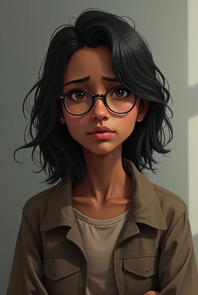 A image of it"A short South Asian woman, standing at 5 feet 2 inches, has medium brown skin and wears stylish spectacles. Her hair is medium length not short , framing her face. Although her demeanor conveys a sense of sadness or introspection, her posture...