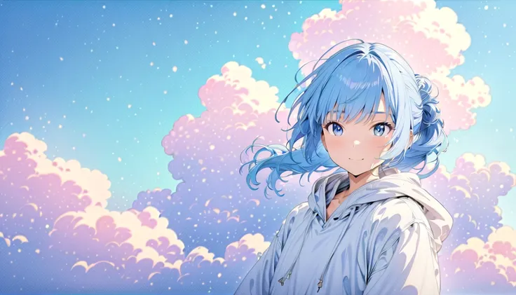 (masterpiece, Highest quality, Official Art:1.2), Looking at the audience, One Girl, alone, (light blue hair, ponytail) and (light blue eyes), wearing a hoodie, Sky Background, spreading clouds, Ultra-fine illustrations, highly detailed, Dynamic Angle, bea...