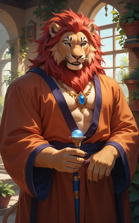 (( best quality)), ((masterpiece)), ( detailed), Half Body,Perfect face,solitary,Wildlife,daytime,fantasy,garden,Beige fur , black stripes,  anthropomorphic lion ,Beige fur 狮子,Red Hair,Mage Robe, MUSCLE , golden eyes,magic,wooden magic wand