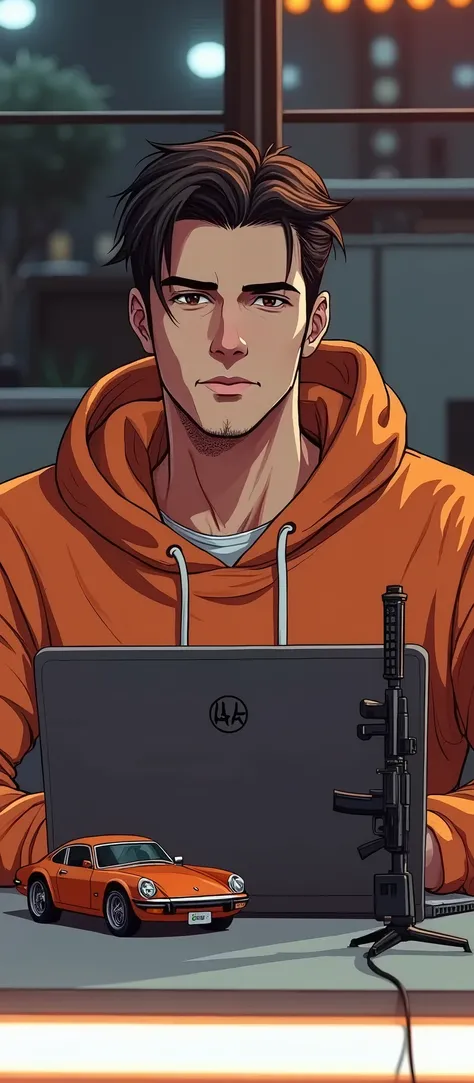 The prompt used is- 
  Anime-friendly male business character, handsome and smart, in an orange hoodie.   Sitting behind his laptop in his office, there would be a small Royal Infield toy car next to the laptop, weapons on his desk, and.   its night   The ...