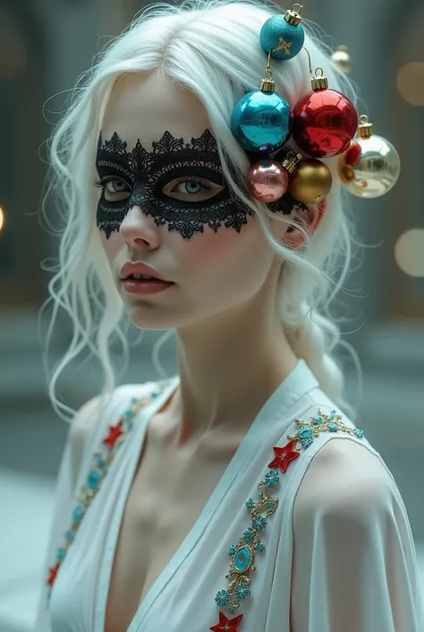  Lots of Christmas Ornaments Stick to Her Face、Beautiful Albino Woman 、White skin、 Christmas Ornaments Are Colorful and Clear 、8k、 high quality、beautiful、 Fantasy 、 realistic wearing kurta、 eyes are covered with lace blindfolds、 makeup is light in color, a...