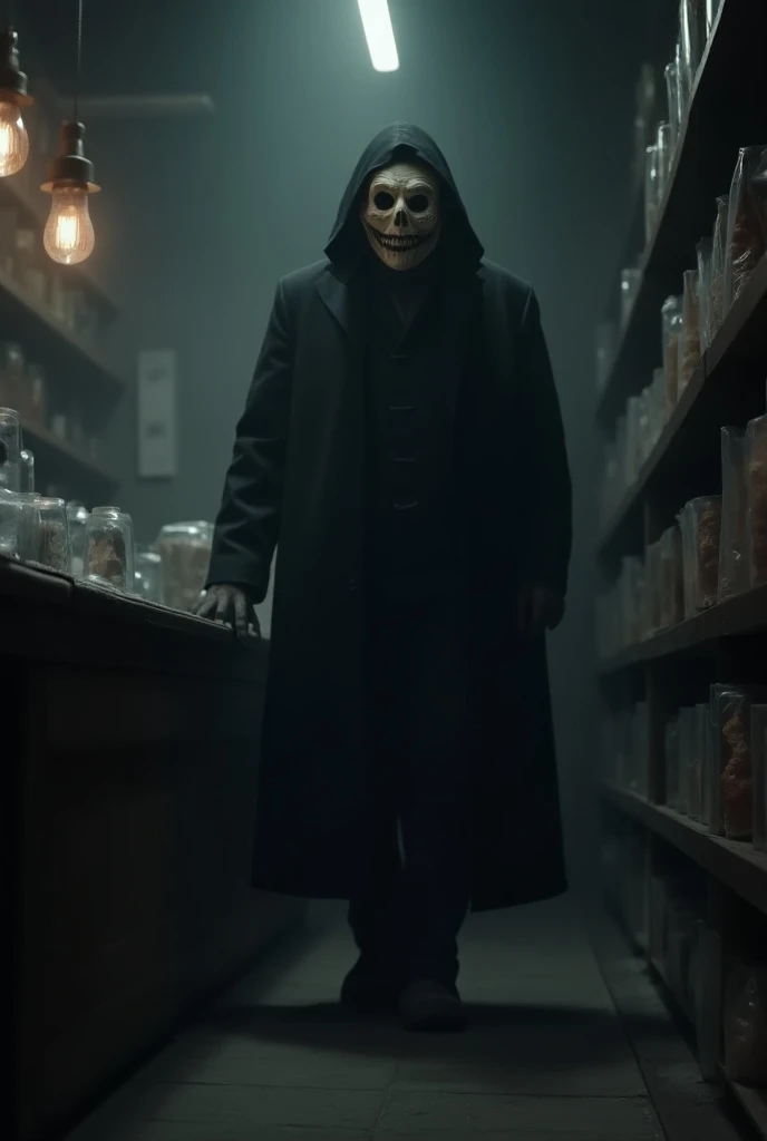 A shadowy figure appears behind the shop’s counter, slowly rising. He wears a tall, black coat, and his face is obscured by a creepy, old-fashioned mask with hollow eyes and a twisted grin. The camera focuses on the eerie mask as he moves closer. His foots...