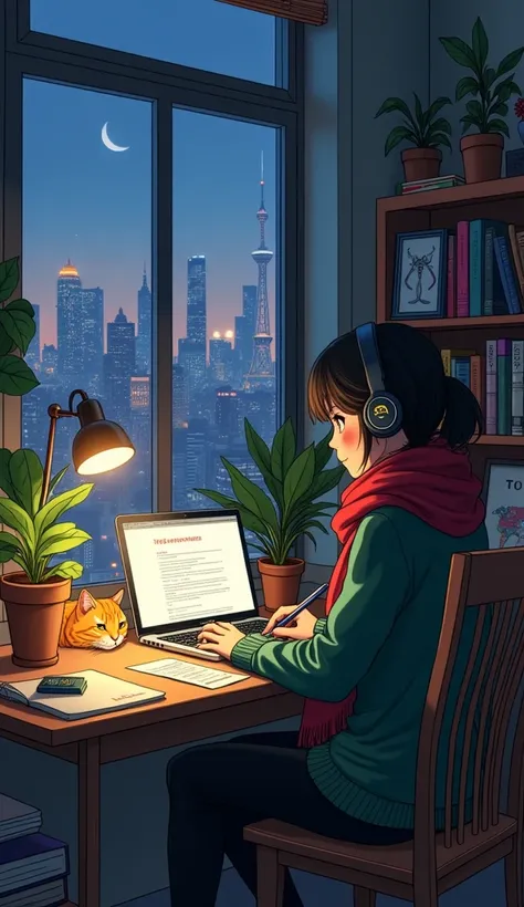   there are other decorations in the room  、 Detailed view  "praise"  branded headphones ,  sitting at a wooden desk and writing in a notebook . She is wearing a green sweater and a red scarf.   Cozy atmosphere  ,  with city views from the window 、 dim roo...