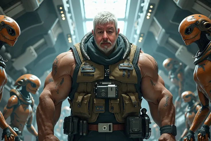 Reference character from the front, short white hair, Robust complexion,  is in a spaceship surrounded by aliens