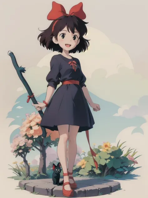 (masterpiece:1.2), (hig quality:1.2), 1girl, full body Kiki, happy, big red hairtie, high details, realistic, photography, white flat background, softfocus with brack cat Jiji,  shortcuts,  Black Hair,  red ribbon,  anime style, 