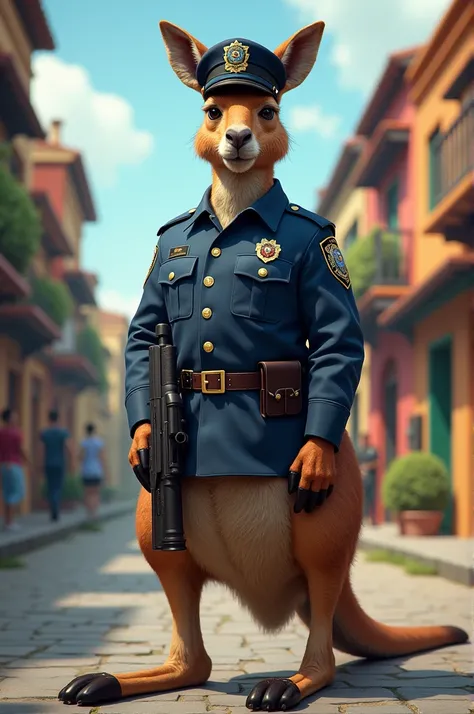 Please describe to me a kangaroo wearing Peruvian national police clothing and a gun